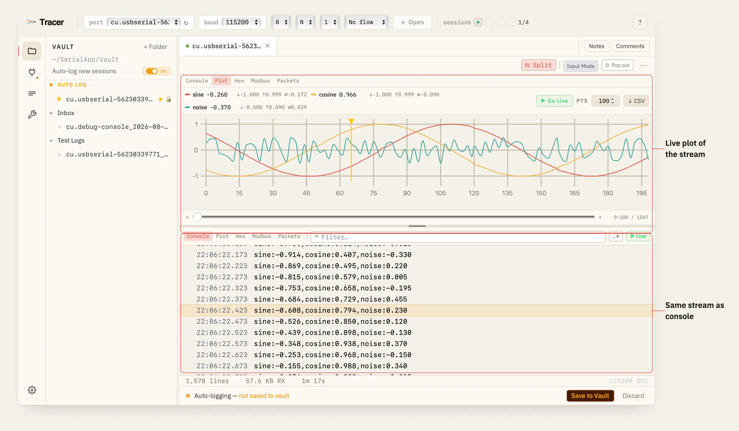 A split pane with a live plot above and the console log of the same stream below
